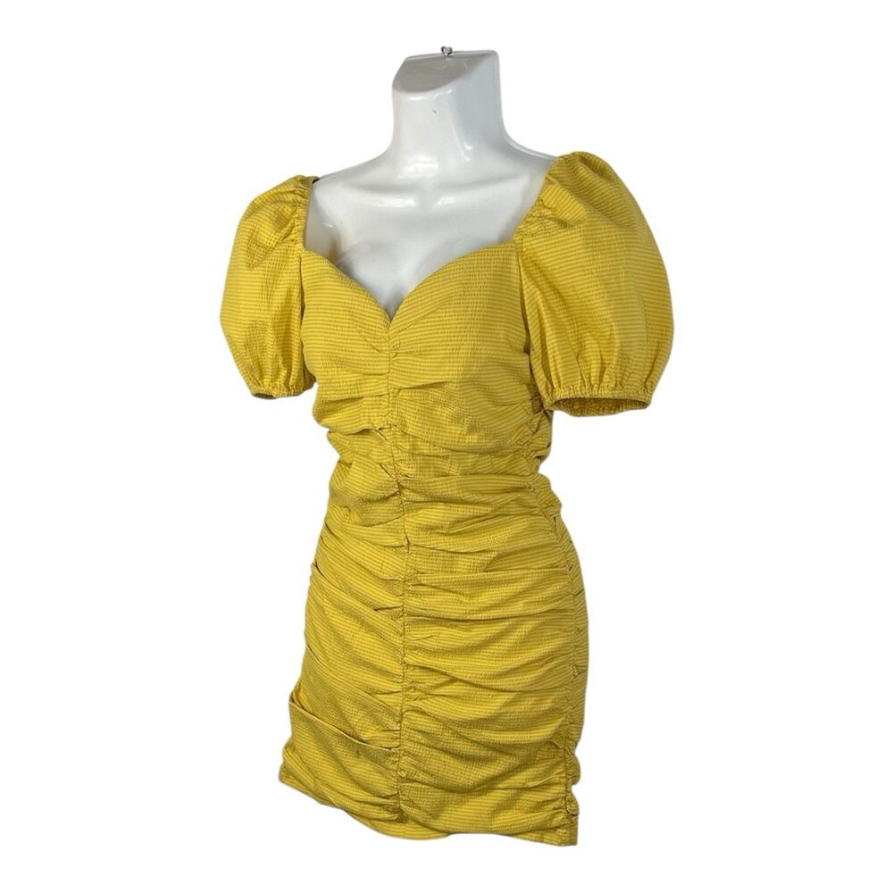 Willow Dress Small Yellow Seersucker Ruched Mini Puff Sleeve Sweetheart Party